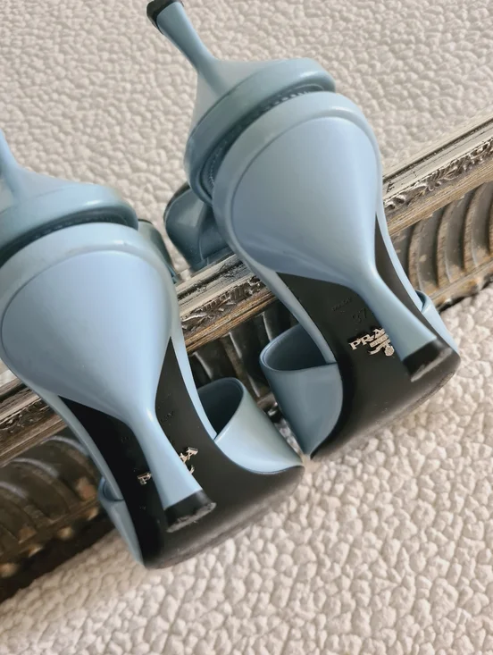 PRADA Burnished Leather Heeled Slide Sandals In Celeste EU 37.5 US 7.5 Org $1295 - Picture 13 of 16